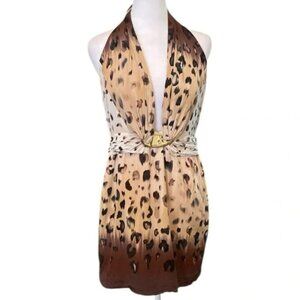 BEBE leopard print SILK halter dress NWOT SMALL